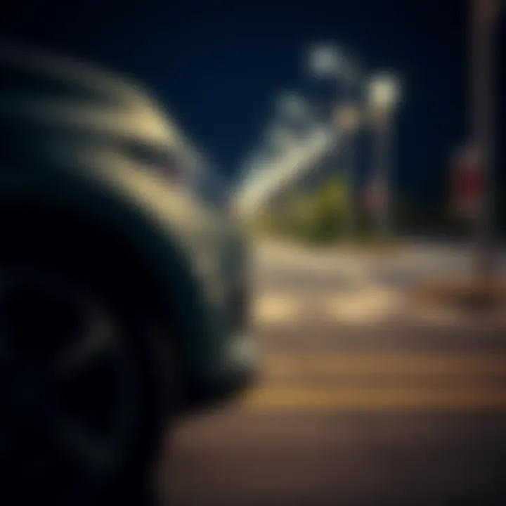 A rental car parked with a visible minor scrape and fender chip on the side