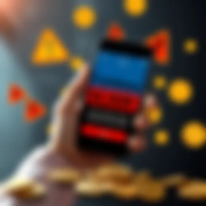 Report Scam Phone Numbers A person holding a smartphone displaying a warning about scam phone numbers related to Coinbase, surrounded by alert icons and coins, emphasizing the importance of reporting scams.