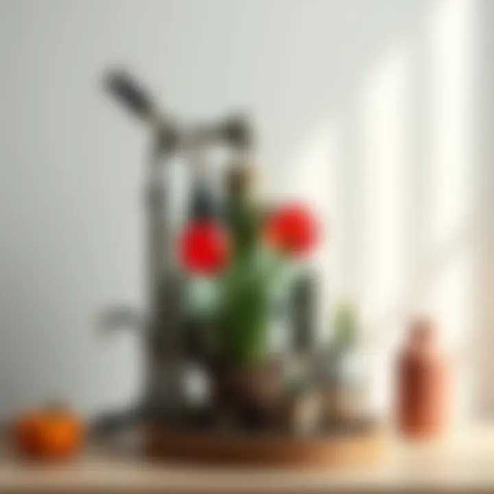 A creatively repurposed helium miner turned into a unique home decor item with plants and art materials around it.