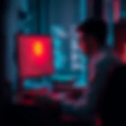 A person sitting at a computer, hacking into a server while analyzing code on the screen.