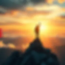 Resilient Figure Overcoming Challenges A determined person standing triumphantly on a mountain peak, gazing towards the horizon with a backdrop of bright skies, symbolizing success and resilience through difficulties.
