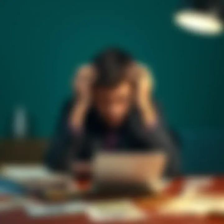 A frustrated person holding their head in worry with bank documents scattered on a table, symbolizing a restricted bank account.