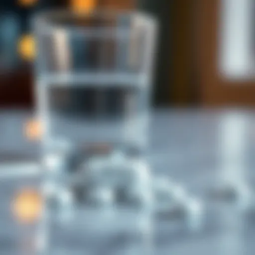 A close-up of a Reta pill next to a glass of water on a table