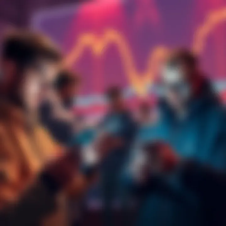 A group of retail investors looking worried while checking cryptocurrency prices on their phones, with a downward trend graph in the background
