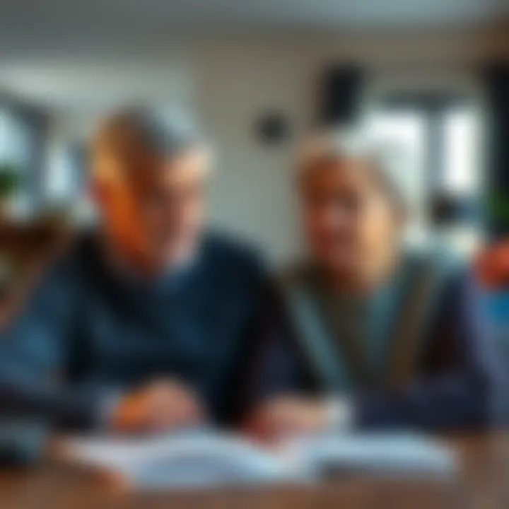 A retired couple sits at a table with papers, looking concerned about their financial options and decisions regarding bankruptcy and home sale.