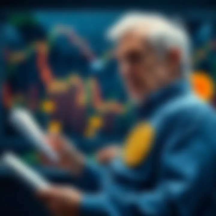 Retiree Planning Financial Future A retiree looks at financial charts and Bitcoin symbols while thinking about investment strategies for the future