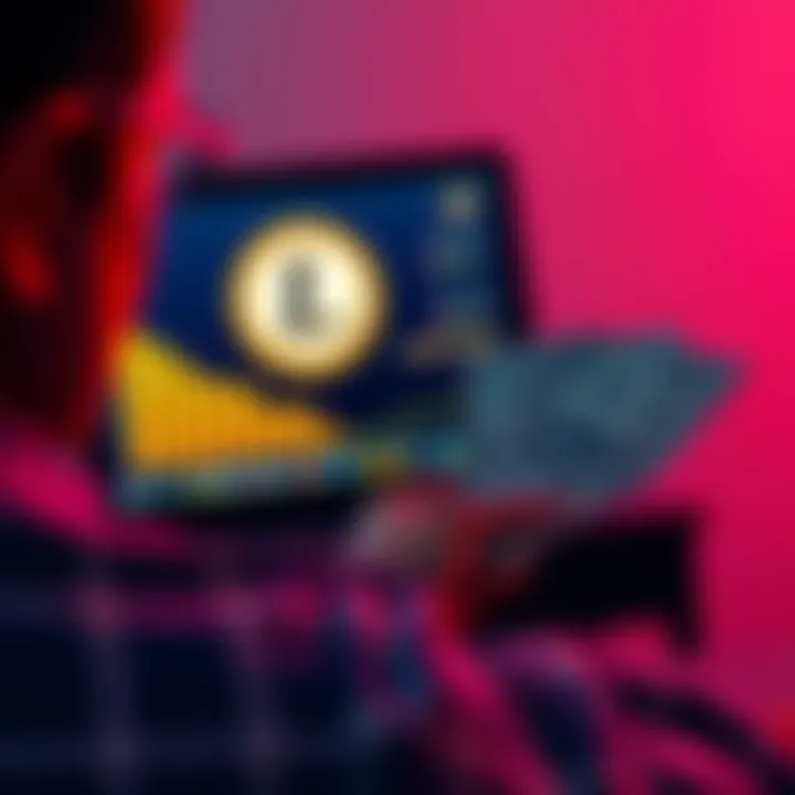 Retirement Funds and Litecoin Investment A person looking at a laptop screen with Litecoin symbol on it while holding cash in hand, representing the idea of cashing out retirement funds to invest in cryptocurrency.