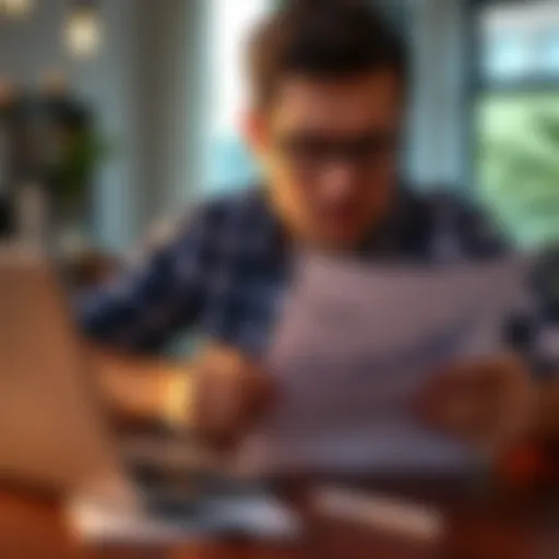 A 39-year-old individual looking at financial documents with a thoughtful expression, symbolizing their plan to retire by age 51, surrounded by a calculator and a laptop showing savings growth.
