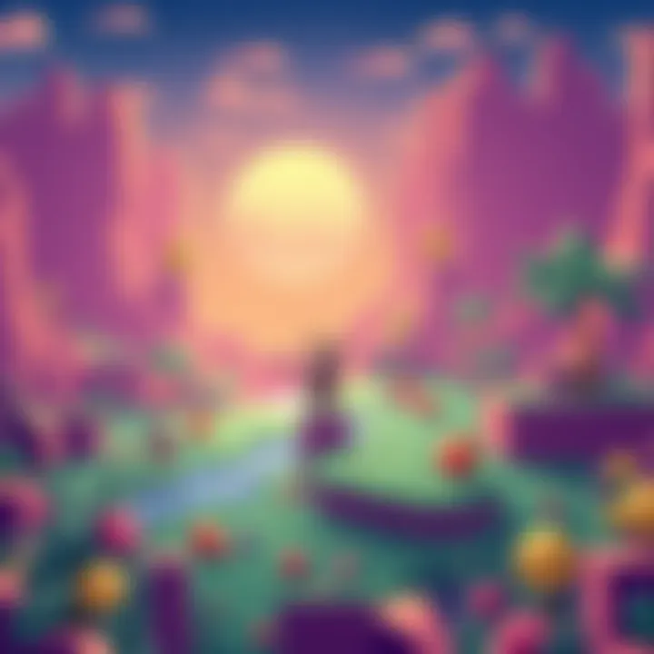 A colorful pixelated landscape showcasing characters in a retro game environment inspired by the 80s and 90s