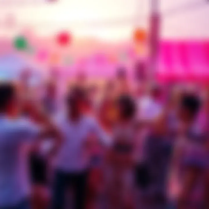 A colorful, lively scene with people dressed in 1960s fashion enjoying a festival with music and dancing, capturing the spirit of the four-year cycle resurgence.