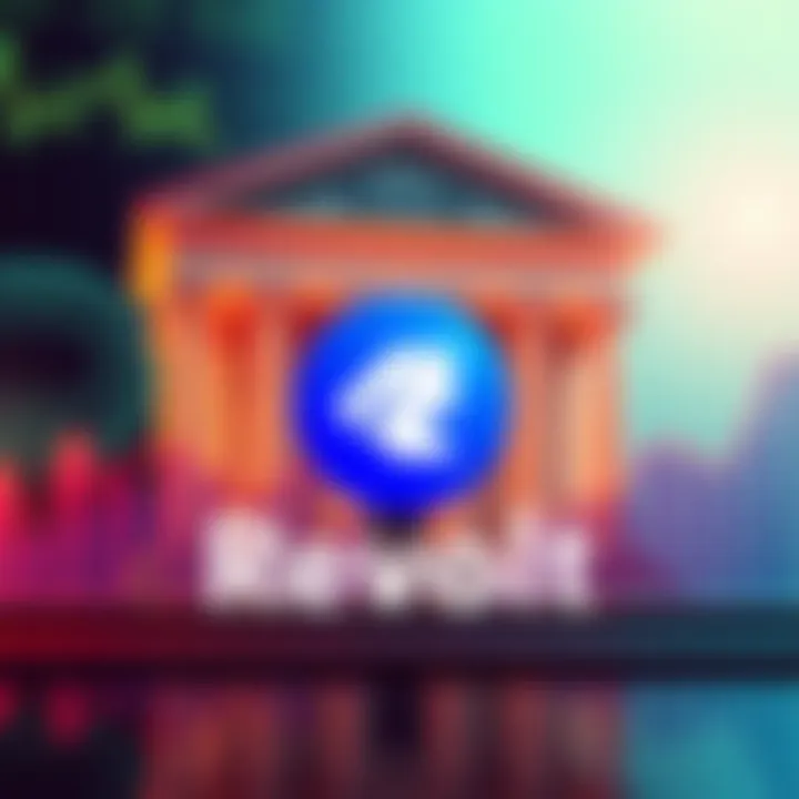 Revolut's logo with a background of a bank and a financial growth chart