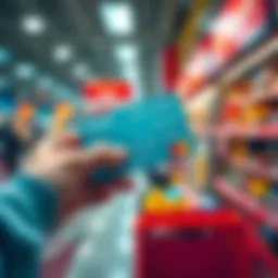 A person holding a Revolut debit card while shopping, with a visible sign showing credit card surcharge at a store checkout