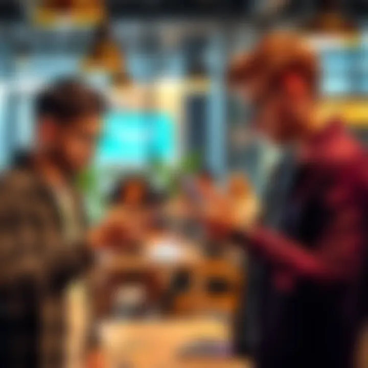 A person exchanging WeWork passes with another individual, both looking at their smartphones with Revolut app open, in a shared workspace setting.