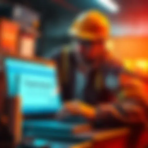 A concerned worker looking at a laptop with payment notifications and a frozen account message on the screen