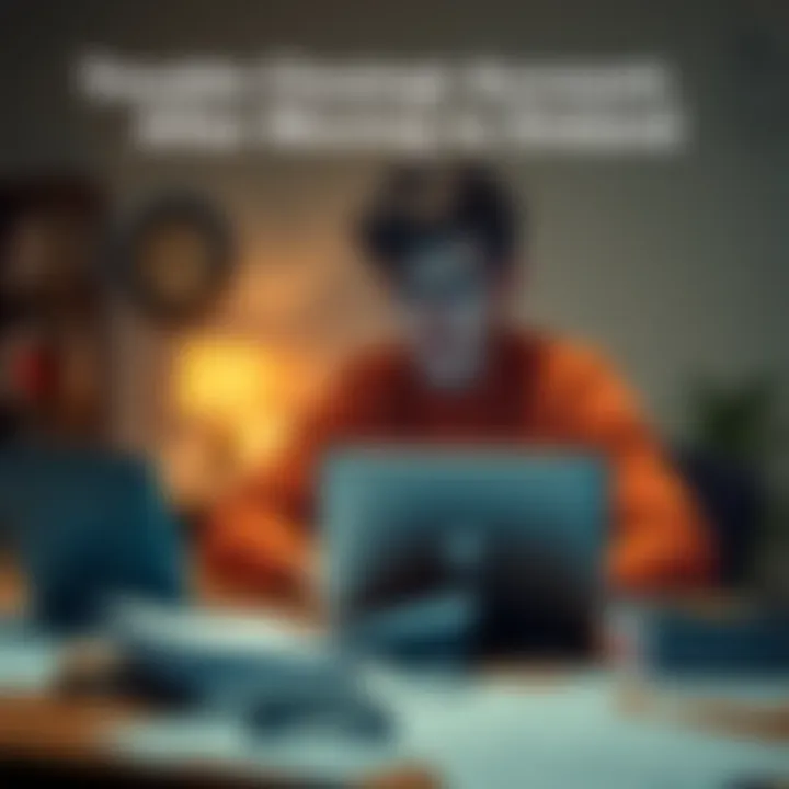 A person sitting at a table with a laptop, looking frustrated while trying to close their Revolut account after moving to Ireland, with documents scattered around.