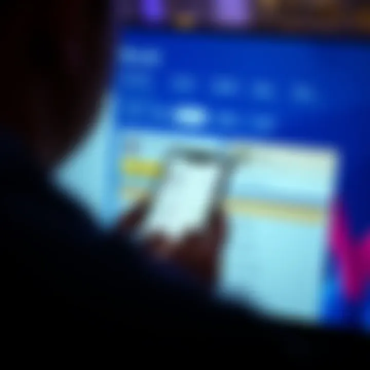 Revolut account overview A person using a smartphone to check their Revolut account, with a background showing a financial dashboard and savings account options.
