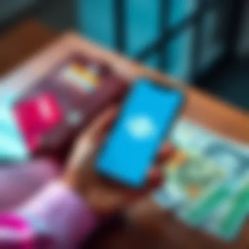 A person holding a smartphone displaying the Revolut app along with cash and credit cards on a table
