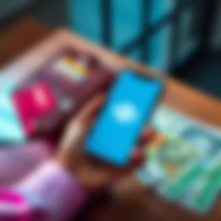 A person holding a smartphone displaying the Revolut app along with cash and credit cards on a table