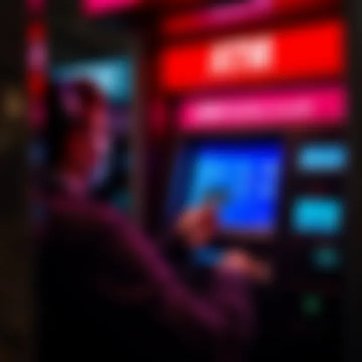 A person using an ATM while holding a Revolut card, checking withdrawal options on the screen.