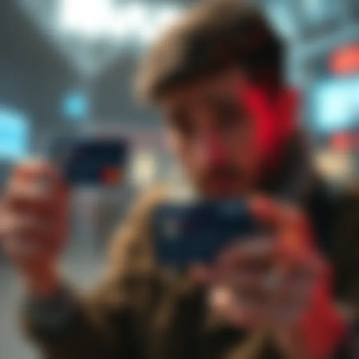 A person looking frustrated while holding the Revolut Audi F1 card and a mobile phone with payment error message on screen