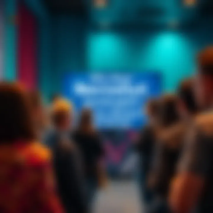 A diverse group of people discussing in a forum setting, with English text highlighted on a screen