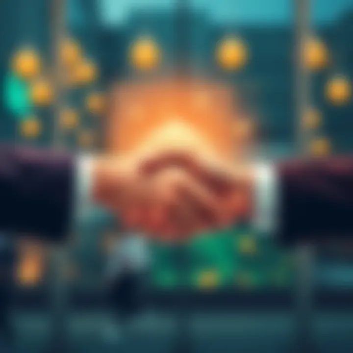 Illustration of two people shaking hands over a digital bank account symbolizing joint financial bonds with Revolut.