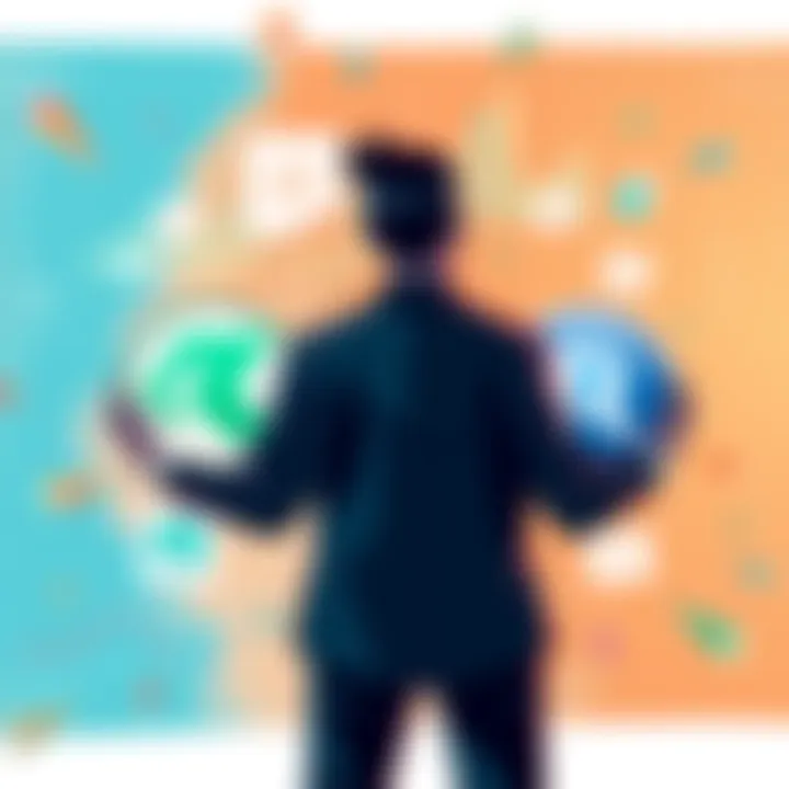 Illustration showing a person comparing two bank logos, Revolut and Trade Republic, with charts and feedback notes around them.