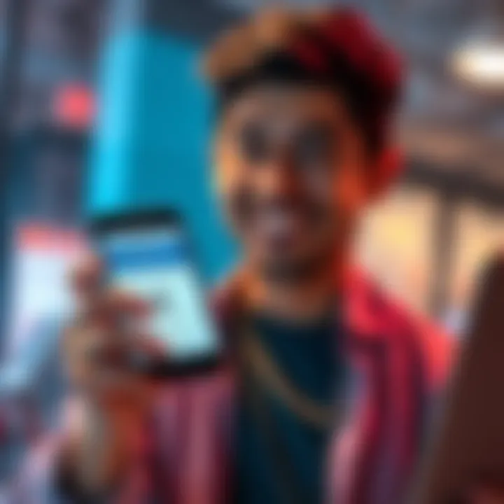 A person smiling while holding a $5 credit notification on a smartphone, representing the reward for reporting inappropriate behavior online.