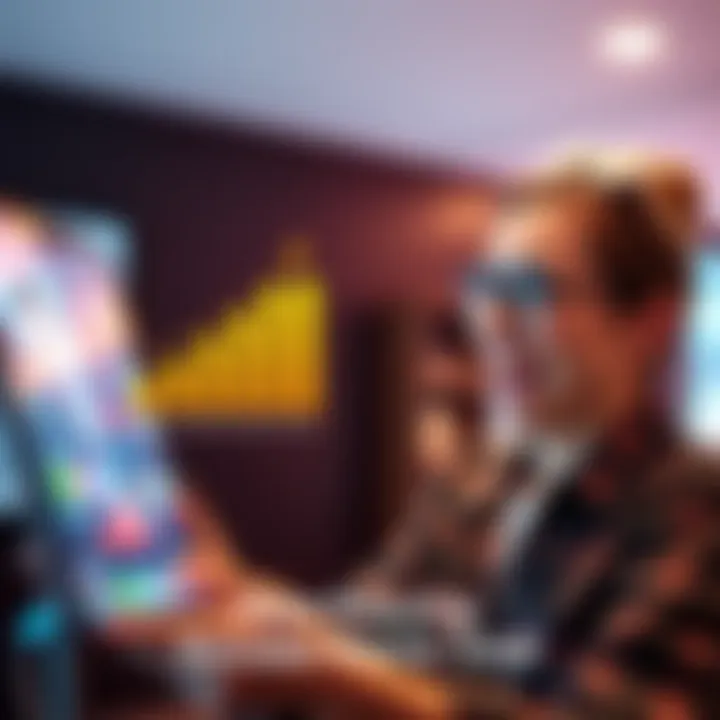 A graphic showing a bar chart with increasing Reward Ladder points, representing progress tracking, and a person looking pleased while viewing their points on a digital device.