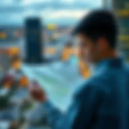 A young professional looking at a map comparing Richmond and Arlington, with city and suburban elements in the background.