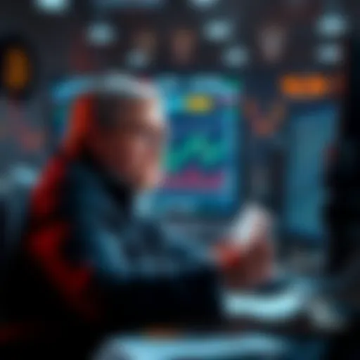 Rick Falkvinge looking at Bitcoin charts with determination as he invests all his savings, surrounded by a computer and financial documents.