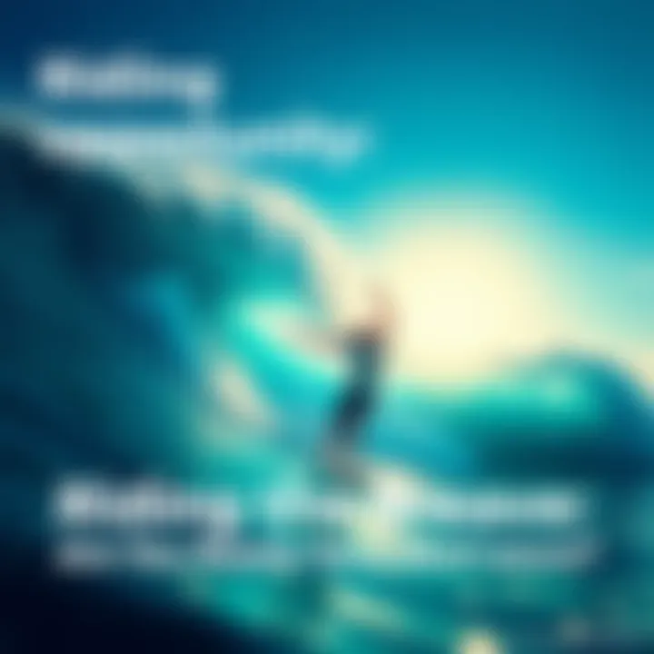 Riding the Wave of Opportunity A person confidently surfing a large wave, symbolizing the courage to seize new opportunities, with a bright sky in the background.