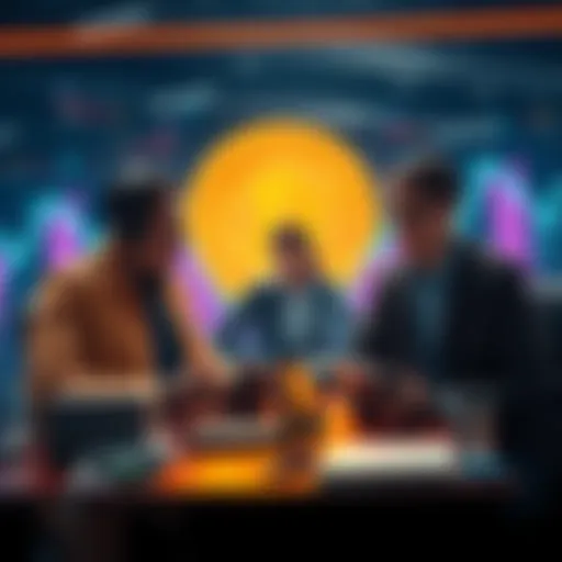 Riot Platforms employees overseeing the sale of Bitcoin assets with digital currency graphics in the background