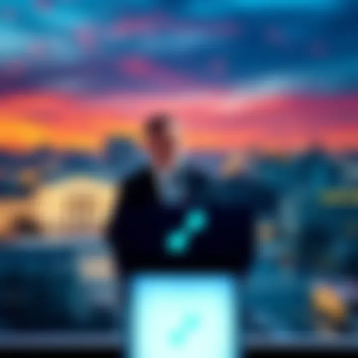 Ripple CEO speaking at a podium about the Clarity Act with a cityscape of Washington D.C. in the background