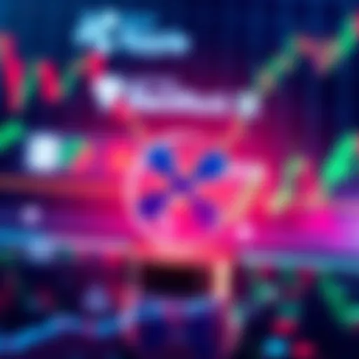 A digital representation of Ripple XRP logo with stock market graphs and BlackRock's logo in the background