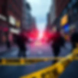 Rising Crime Rates A city street with police presence and caution tape indicating a recent crime scene, highlighting community safety concerns.