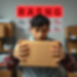 A worried person holding an empty parcel box with a rising price tag in the background