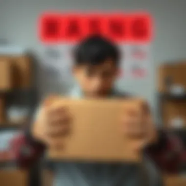 A worried person holding an empty parcel box with a rising price tag in the background