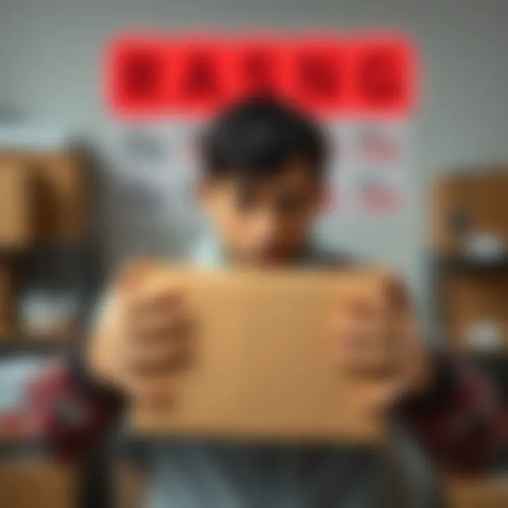 A worried person holding an empty parcel box with a rising price tag in the background