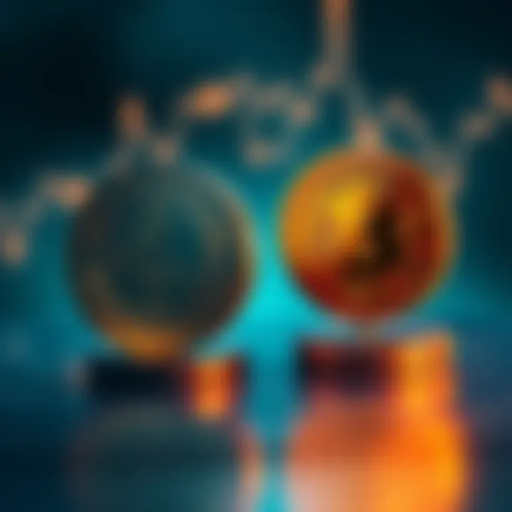 Visual representation of risk tranching in decentralized finance, showing two distinct tokens: one symbolizing lower risk and steady yields, and the other symbolizing higher risk and potential rewards...