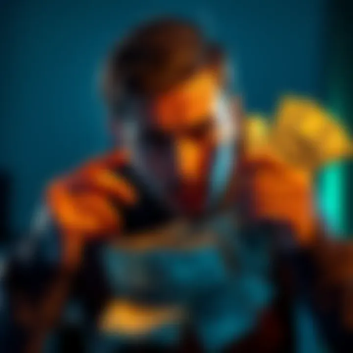 A person examining various currency notes with a worried expression, highlighting the dangers of relying on fiat currency in investments.