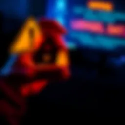 Risks of Ledger Devices A person holding a Ledger device with warning symbols and a lock, highlighting potential security threats such as malware and data leaks.