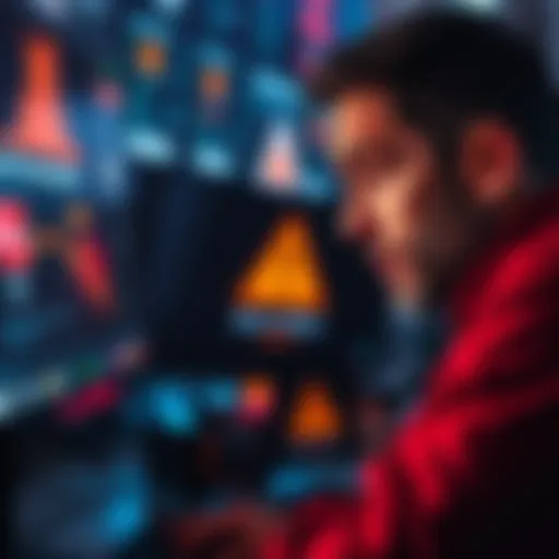 A worried trader looking at a computer screen displaying warning signs about SEPA payments and potential fraud