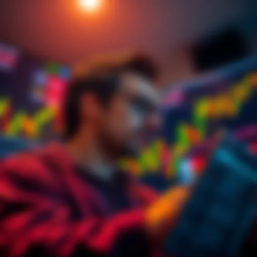 A person looking at stock charts with a mix of excitement and concern, representing the thrill of risky investments.