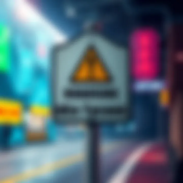 A warning sign with a digital gaming background, illustrating concerns about Roadside Empire Idle Tycoon and lost rewards.
