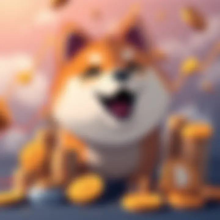 A cartoon Shiba Inu dog symbolizing Roaring Shib, surrounded by rising cryptocurrency graphs and coins, representing its growth in the market.
