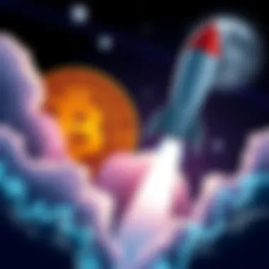 A rocket launching into space with a Bitcoin symbol in the background, signifying the rise of cryptocurrency.