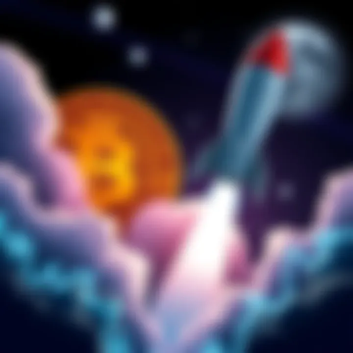 A rocket launching into space with a Bitcoin symbol in the background, signifying the rise of cryptocurrency.