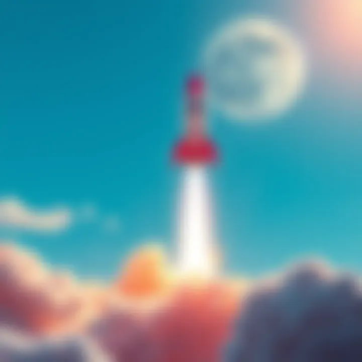 A colorful rocket blasting off into a bright blue sky with the moon visible in the distance, symbolizing a journey of positivity and excitement.