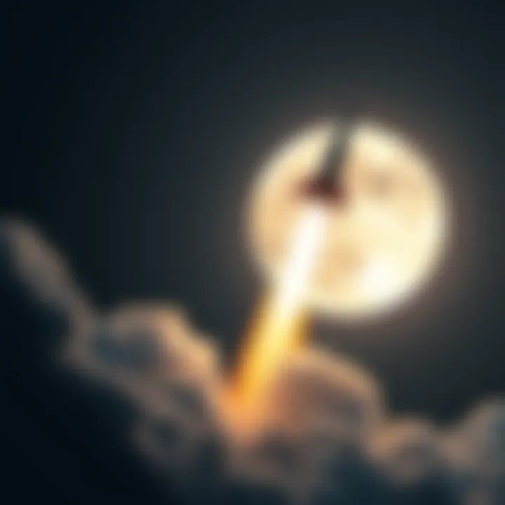 A rocket blasting off into space with the moon in the background, symbolizing the excitement of cryptocurrency hype.